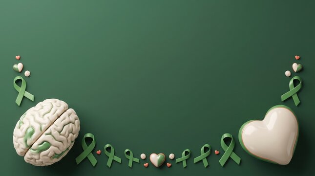 Top view of a brain and heart model with green ribbons representing mental health awareness background