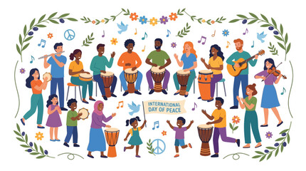 Fototapeta premium Diverse people celebrating International Day of Peace with music and dance