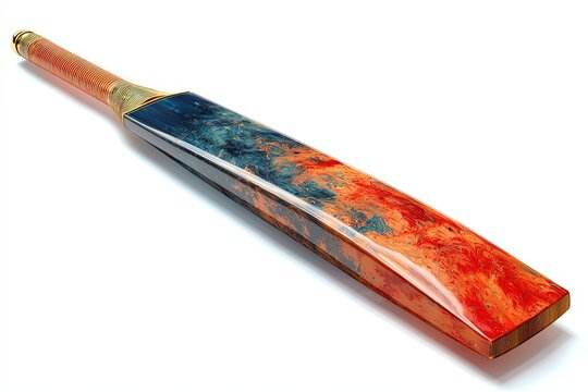 A uniquely designed cricket bat, featuring a vibrant, abstract pattern of red and blue hues, rests on a clean, isolated surface, showcasing its craftsmanship and aesthetic appeal.