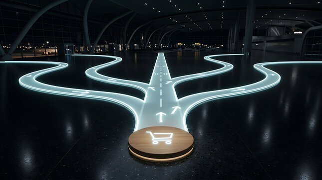 Conceptual image of shopping cart choosing between multiple glowing neon paths