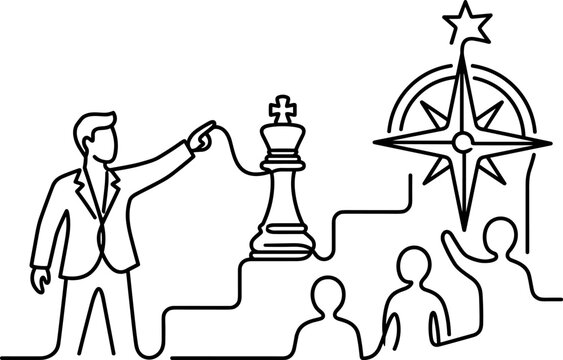 Business leader guiding team towards success with chess king and compass