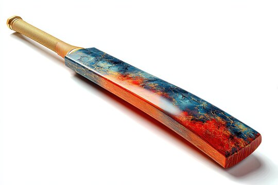 A colorful and artistic cricket bat lies on a plain surface, showcasing its unique design.