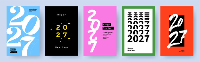 Naklejka premium Creative concept of 2027 Happy New Year posters set. Design templates with typography numeral logo 2027 for celebration and season decoration. Minimalistic trendy backgrounds for branding, banner, cov