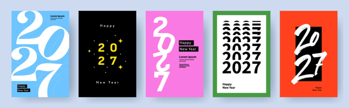 Creative concept of 2027 Happy New Year posters set. Design templates with typography numeral logo 2027 for celebration and season decoration. Minimalistic trendy backgrounds for branding, banner, cov