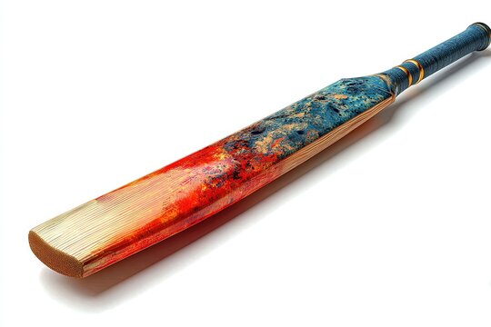 A cricket bat with a uniquely artistic design, featuring vibrant splashes of red and blue on its willow wood surface, rests ready for the game.