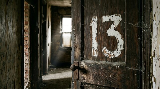 Old wooden door with the number thirteen painted on it inside a dark abandoned building hallway with peeling paint and mysterious atmosphere for horror concepts