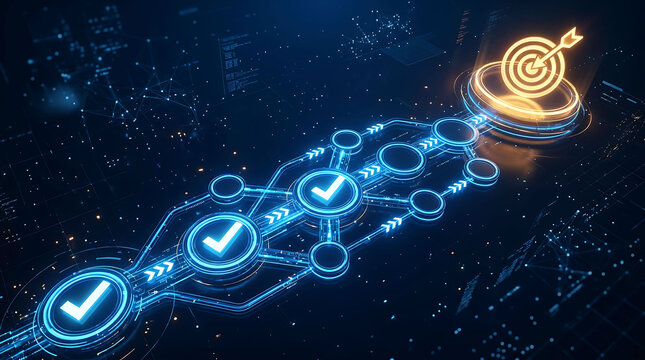 Abstract digital process workflow with checkmarks leading to a glowing target