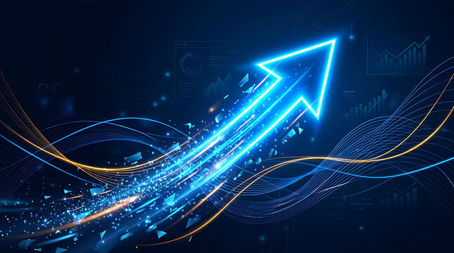 Neon blue upward arrow breaking through with data and digital motion graphics