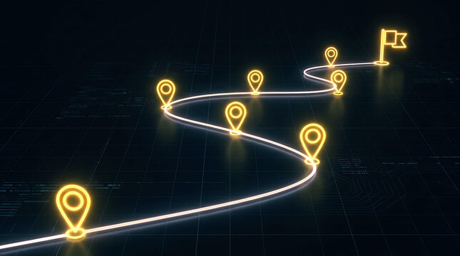 Neon map route with glowing checkpoints and a finish flag on dark grid