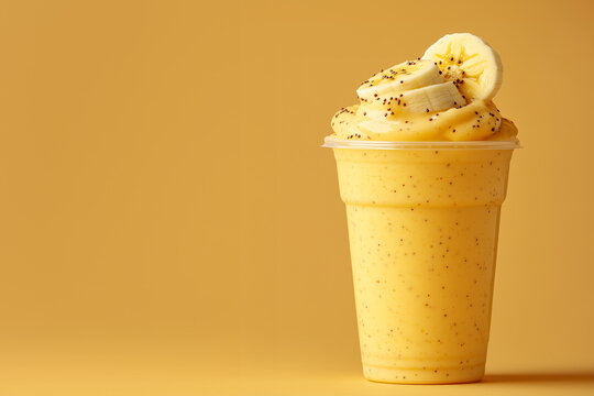 Creamy banana smoothie served in a blank plastic glass against a clean beige background, ideal for food and beverage branding.