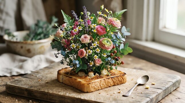 Beautiful Fresh Flower Bouquet Arranged on Rustic Wooden Table in Bright Natural Light.