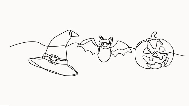 Self drawing simple animation of continuous one line drawing of a hat, bat, and pumpkin Halloween concept. Full-length one-line animation, vector illustration isolated on white background.