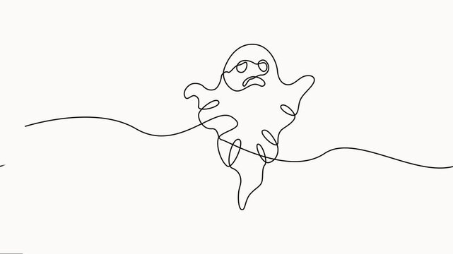  self drawing of Continuous line drawing of a cute ghost isolated on white background. Full-length one-line animation vector, full length one line motion video.