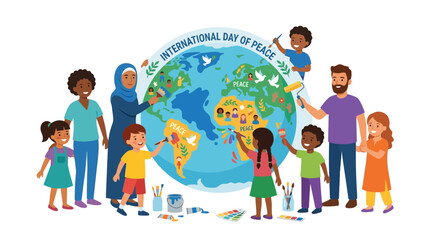 Naklejka premium Diverse Children and Adults Painting Planet Earth for International Day of Peace