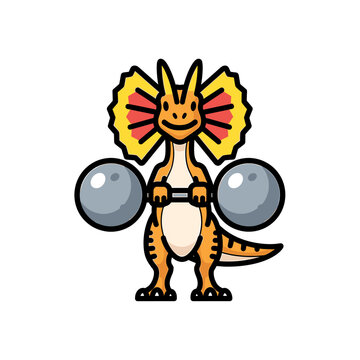 Dilophosaurus lifting heavy stone dumbbells in gym.