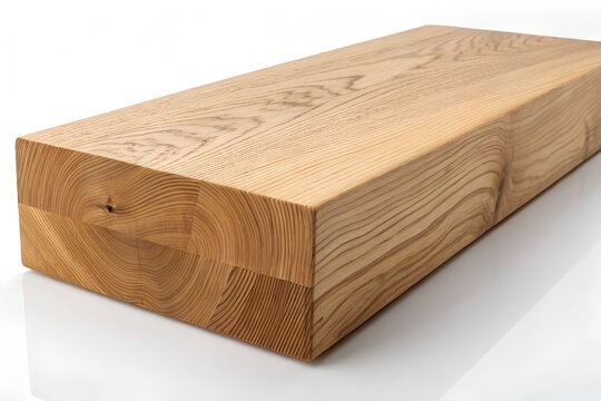 Thick rectangular wooden beam isolated on white background with wood block