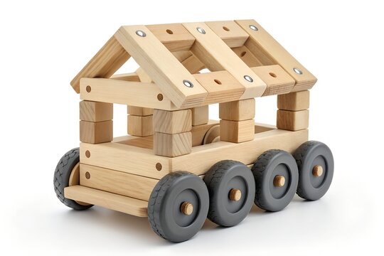Wooden toy building block vehicle house on white background with toy car