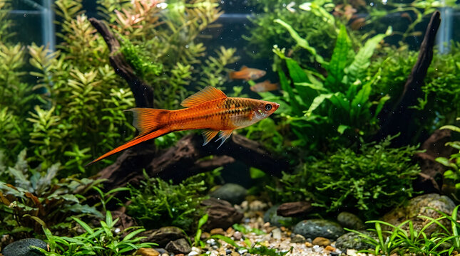 A vibrant orange swordtail fish swimming in a lush planted freshwater aquarium.