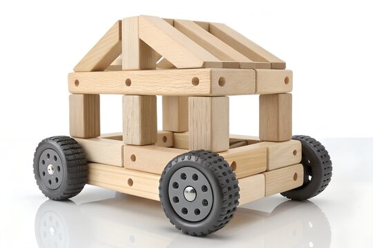 Wooden toy car constructed from building blocks on a white surface with play car