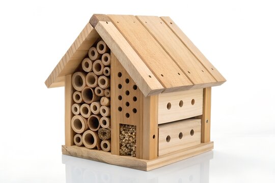 Wooden insect hotel with bamboo tubes and hollow drilled blocks