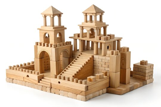 Intricate architectural model castle built from small wooden construction blocks