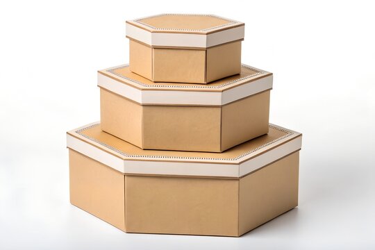 Stacked hexagonal gift boxes made of brown cardboard with patterned lids