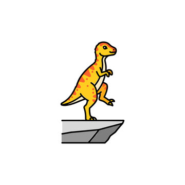 Small yellow dinosaur standing on diving board.