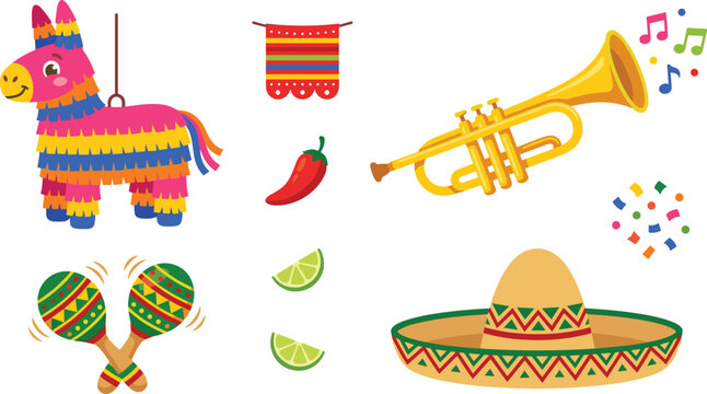 Mexican Fiesta Celebration Vector Element Set Featuring Colorful Pinata Sombrero Hat Trumpet Maracas Chili Pepper and Lime Icons for Cinco de Mayo Designs