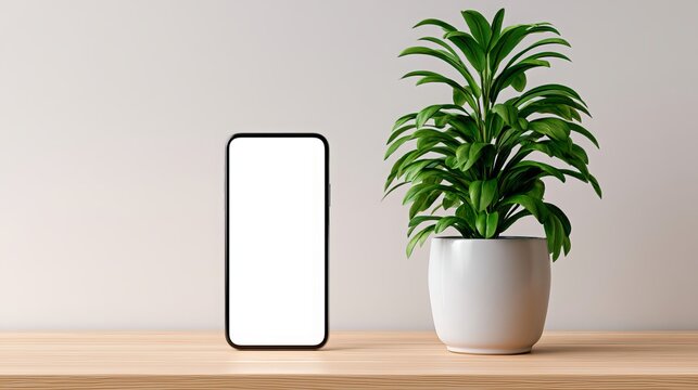 A modern smartphone displaying a blank screen rests beside a vibrant potted plant, conveying a minimalist aesthetic perfect for digital product mockups or lifestyle branding