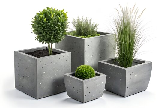 Set of modern concrete planters with green plants and ornamental grass isolated