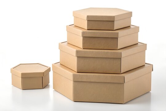 Stack of hexagonal cardboard gift boxes in graduating sizes on a white