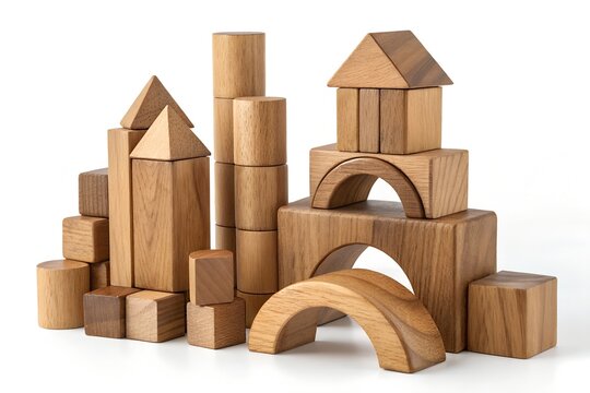 Various wooden building blocks arranged into architectural structures