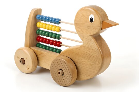 Wooden pull toy duck with colorful bead abacus on wheels on a white background