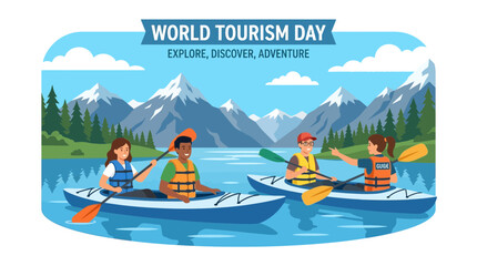 Fototapeta premium Happy people kayaking on a lake with mountains and trees in the background, World Tourism Day concept