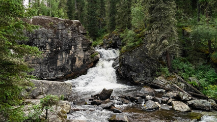 A waterfall in the mountains. A mountain river. © Daniil_98_03_09