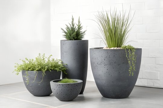 Modern dark gray stone planters of various shapes and sizes with lush green