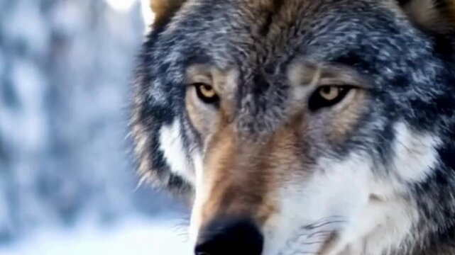 Gray Wolf Face Close Up in Winter Snow