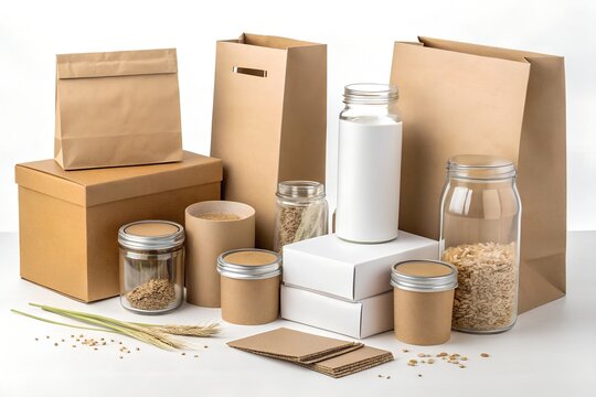 Eco friendly packaging set with brown paper bags cardboard boxes and glass jars