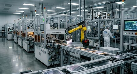 Fototapeta premium Automated solar panel production line with robotic arm in a modern manufacturing facility