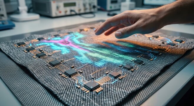 Close-up of a hand interacting with innovative smart textile featuring embedded glowing circuitry and microchips