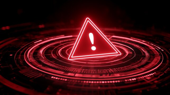 Glowing red warning sign emitting from a futuristic digital interface, conveying immediate alert and hazard, perfect concept for cybersecurity