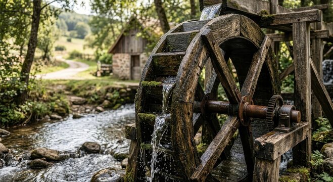 Close-up of a weathered wooden water wheel at an old historic mill with flowing water and a rustic stone building in the background.