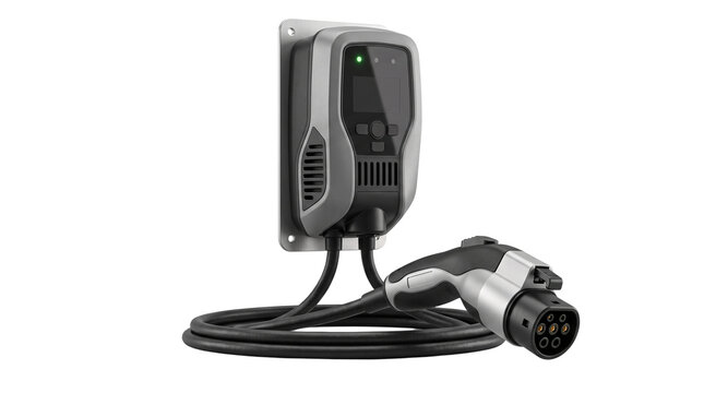 Electric vehicle charging station with plug and cable. Modern EV wallbox charger for home garage. Sustainable transport power supply.