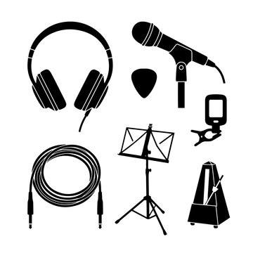 Black and white vector icon set of musical equipment and accessories