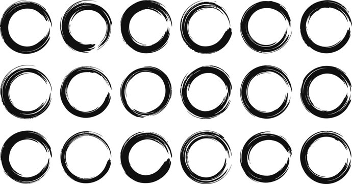 Black brushstroke circles arranged in rows on a white background abstract design element