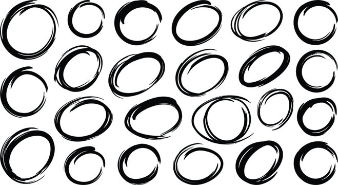Collection of black brushstroke circles on a white background abstract design elements
