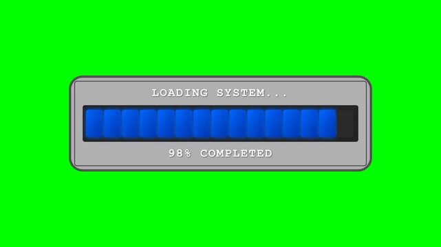 2D animation of a segmented "LOADING SYSTEM" progress bar with rounded gradient blue blocks and percentages on a green screen. Ideal for UI and app design