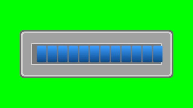 2D animation of a textless, segmented progress bar with blue blocks in a grey frame on a green screen. Ideal for clean UI and loading indicators
