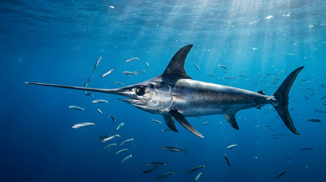 A majestic swordfish swimming through the deep blue ocean water surrounded by small fish.