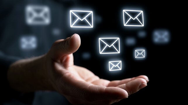 Glowing email icons float above a hand, representing digital correspondence, networking, and modern communication for business and technology concept
